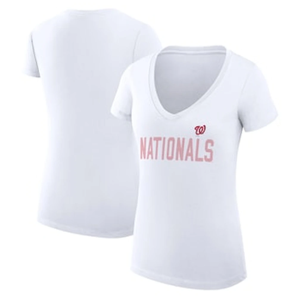 Women's G-III 4Her by Carl Banks White Washington Nationals Super-Slim Fit Lightweight Dot Print V-Neck T-Shirt