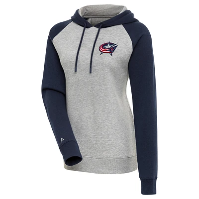 Women's Antigua Heather Gray/Navy Columbus Blue Jackets Victory Raglan Pullover Hoodie
