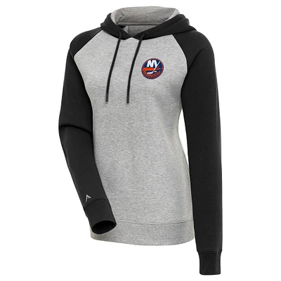 Women's Antigua Heather Gray/Black New York Islanders Victory Raglan Pullover Hoodie