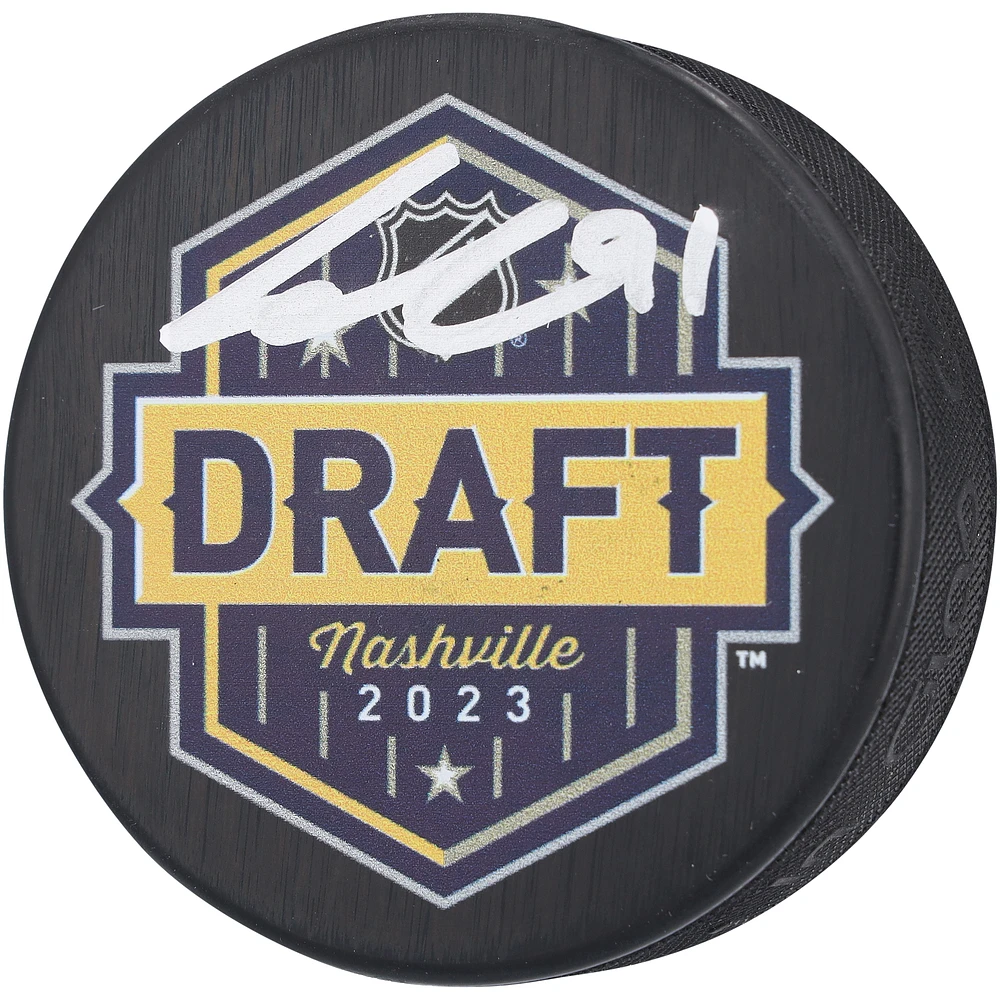 Leo Carlsson Anaheim Ducks Autographed 2023 Draft Logo Hockey Puck