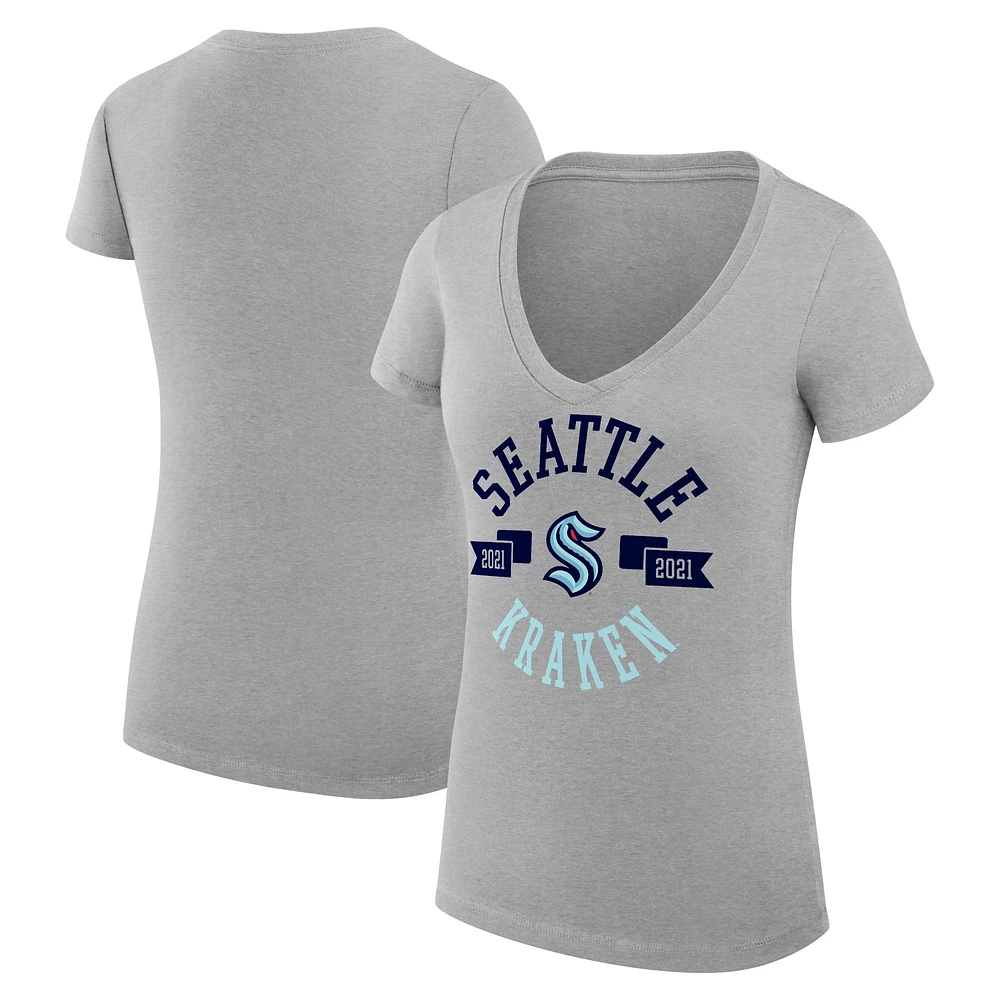 Women's G-III 4Her by Carl Banks Heather Gray Seattle Kraken Super-Slim Fit Lightweight City Graphic V-Neck T-Shirt