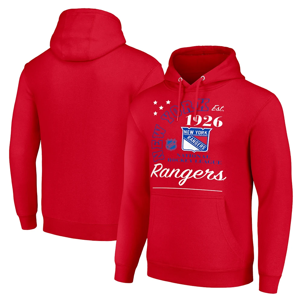 Men's Starter Red New York Rangers Arch City Team Graphic Fleece Pullover Hoodie