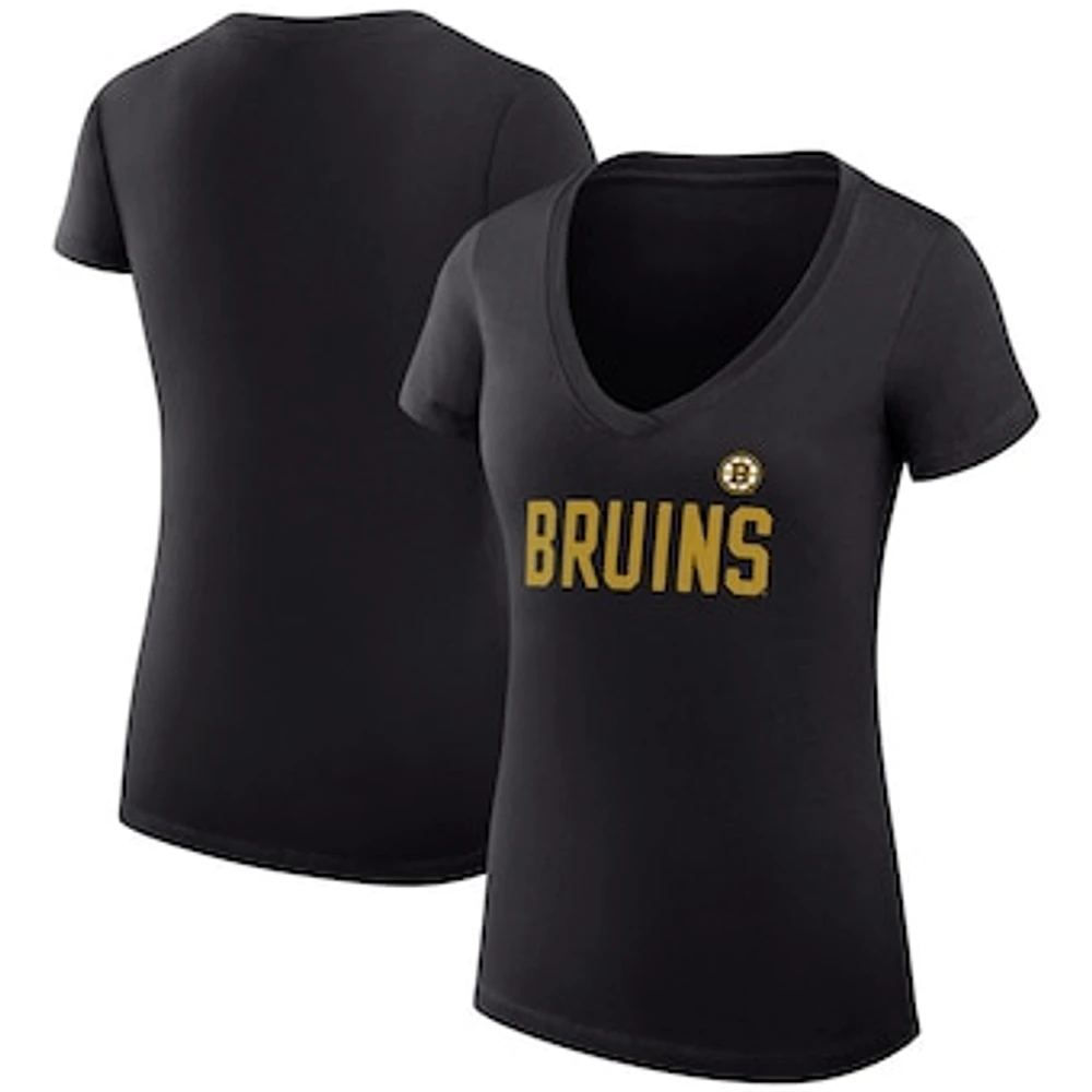 Women's G-III 4Her by Carl Banks Black Boston Bruins Super-Slim Fit Lightweight Dot Print Team V-Neck T-Shirt