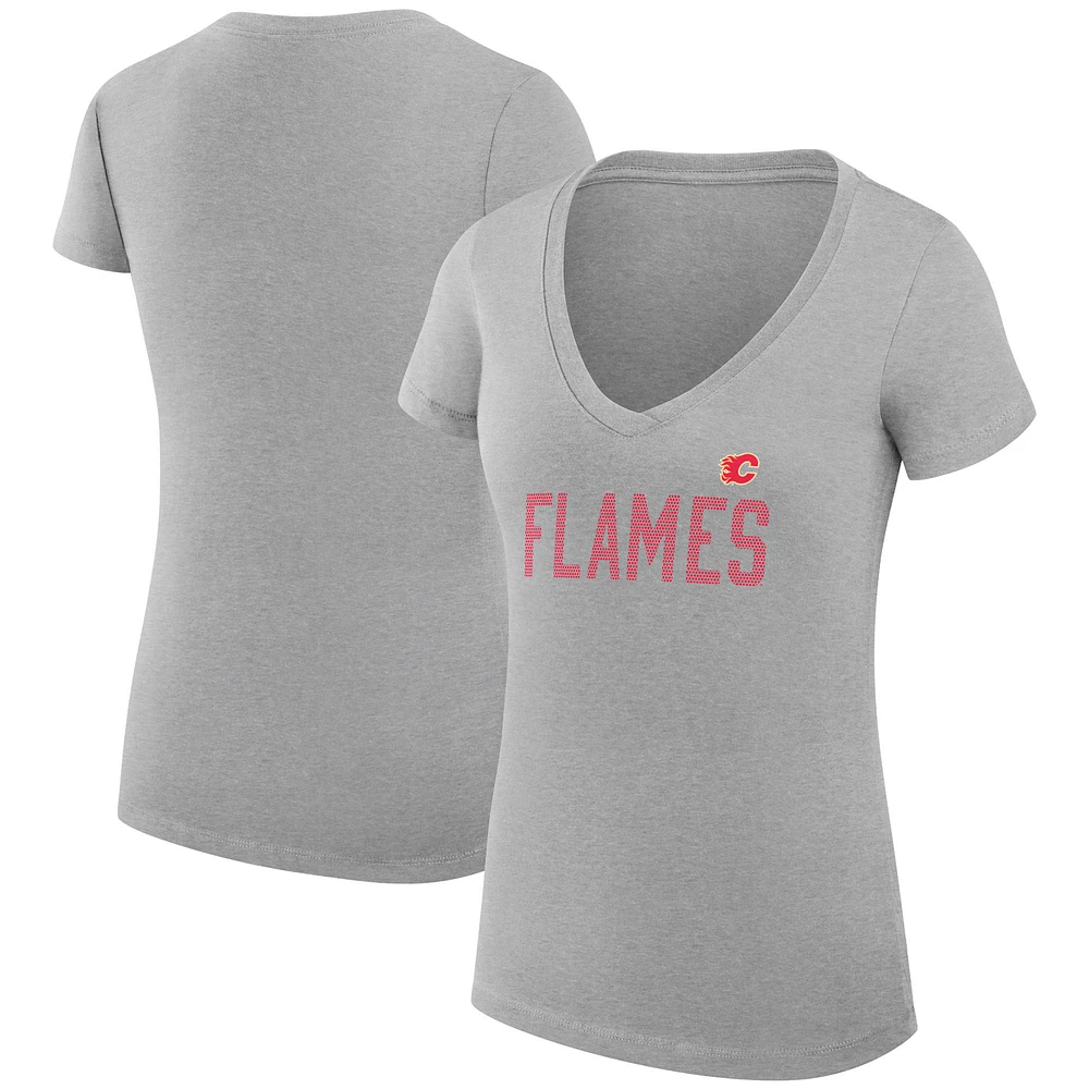 Women's G-III 4Her by Carl Banks Heather Gray Calgary Flames Super-Slim Fit Lightweight Dot Print Team V-Neck T-Shirt