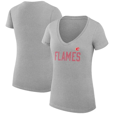 Women's G-III 4Her by Carl Banks Heather Gray Calgary Flames Super-Slim Fit Lightweight Dot Print Team V-Neck T-Shirt