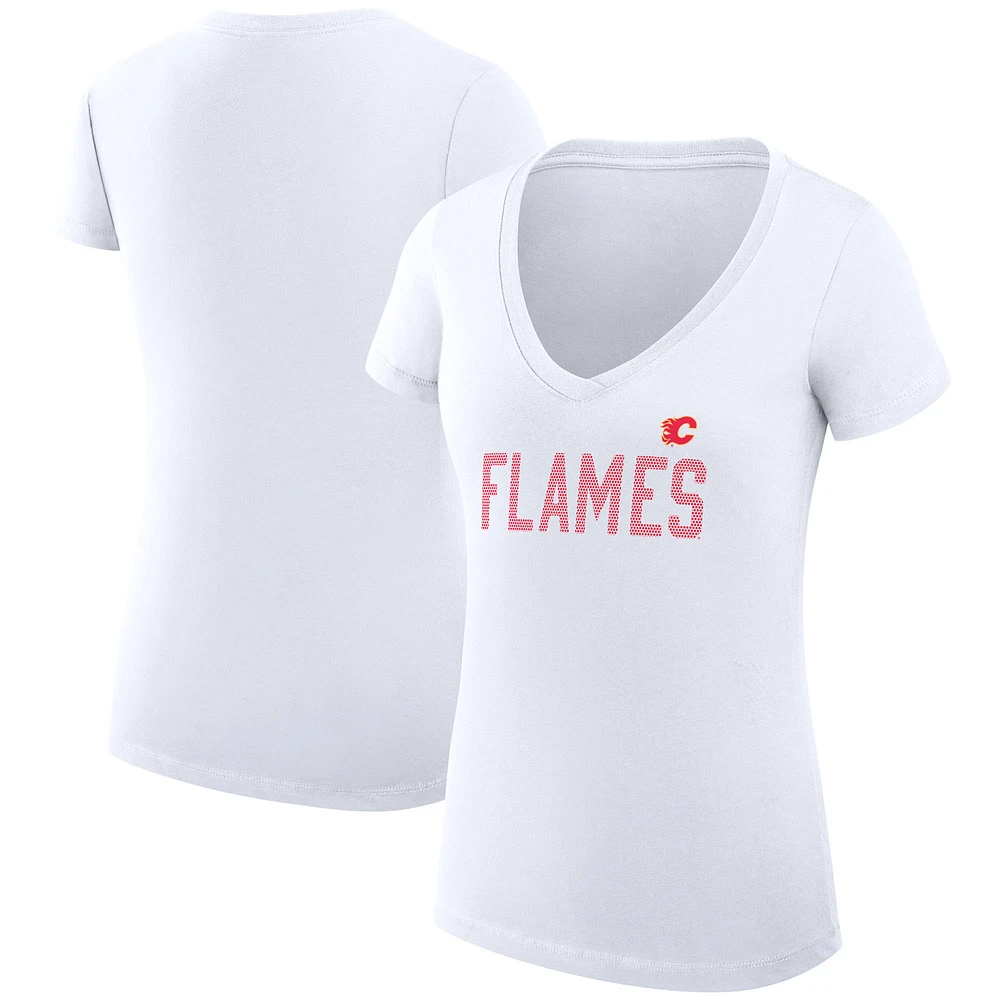 Women's G-III 4Her by Carl Banks White Calgary Flames Super-Slim Fit Lightweight Dot Print Team V-Neck T-Shirt