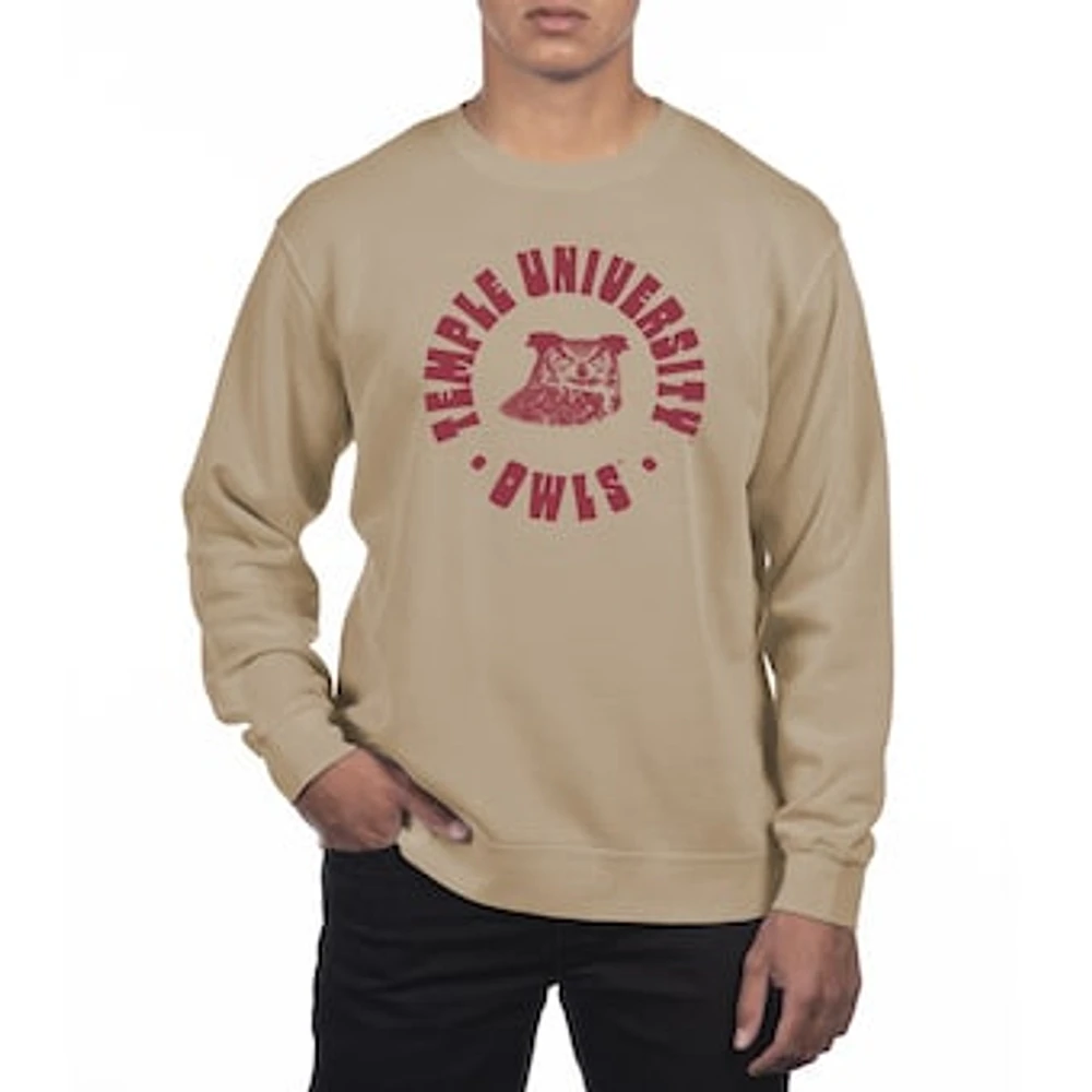 Men's Uscape Apparel Cream Temple Owls Pigment Dyed Fleece Crew Neck Sweatshirt