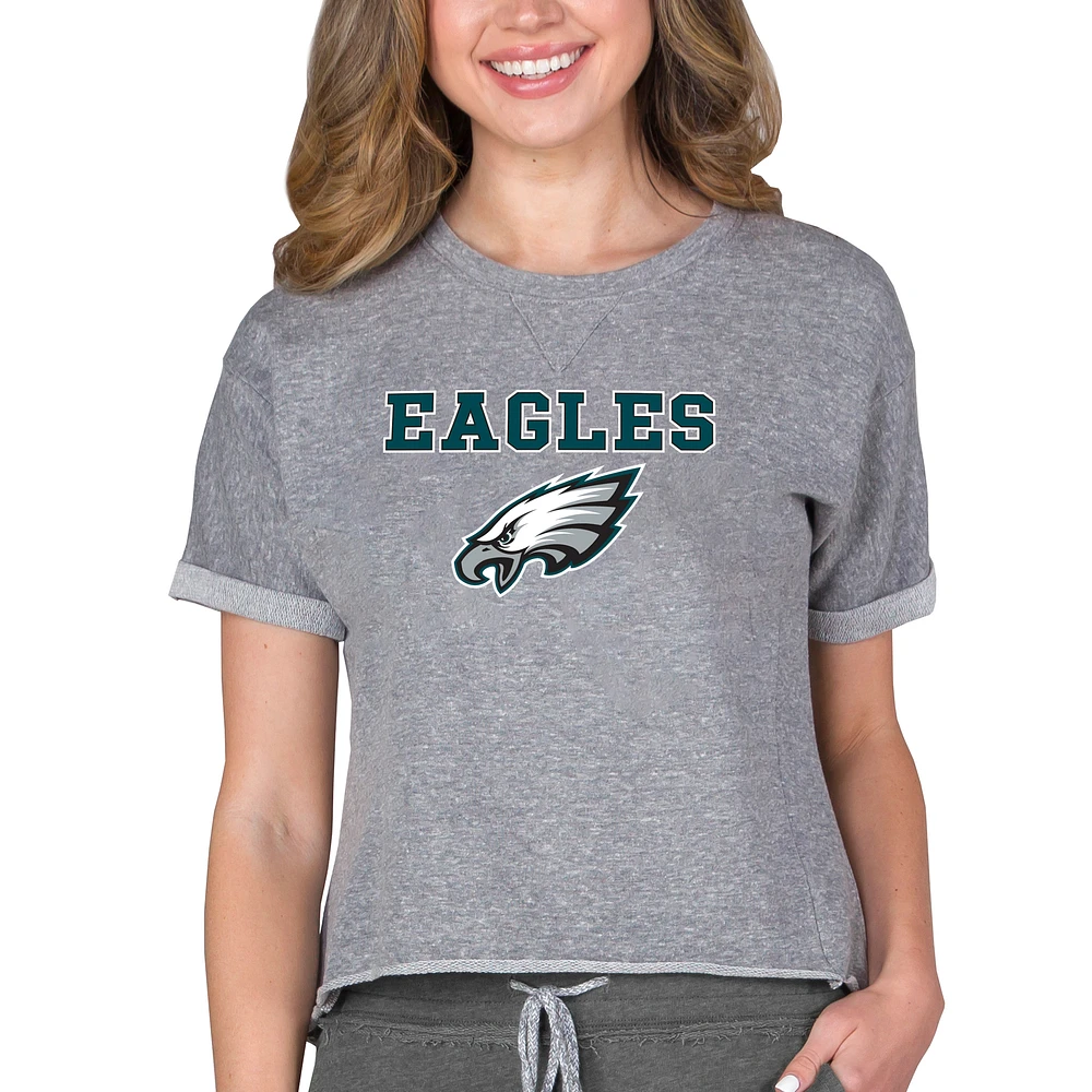 Women's Concepts Sport Heather Gray Philadelphia Eagles Tri-Blend Mainstream Terry Short Sleeve Sweatshirt Top