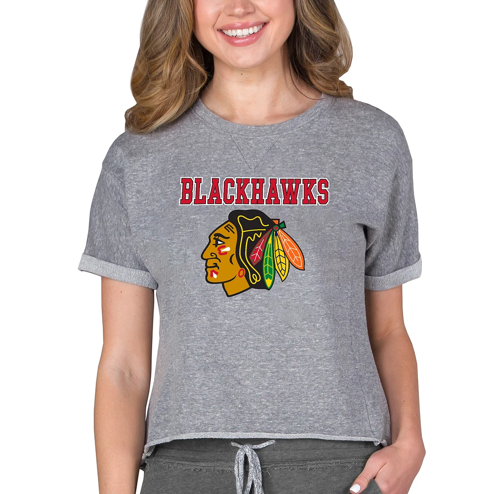 Women's Concepts Sport Heather Gray Chicago Blackhawks Tri-Blend Mainstream Terry Short Sleeve Sweatshirt Top