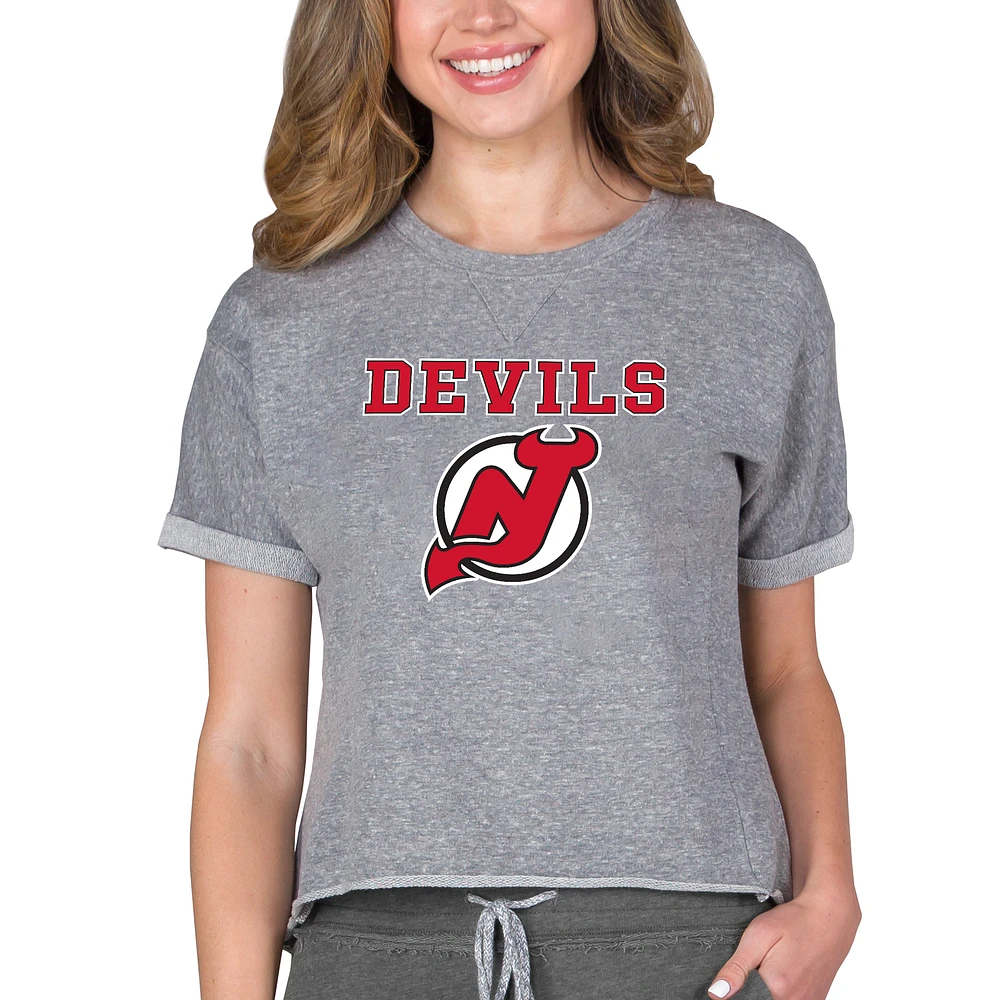 Women's Concepts Sport Heather Gray New Jersey Devils Tri-Blend Mainstream Terry Short Sleeve Sweatshirt Top