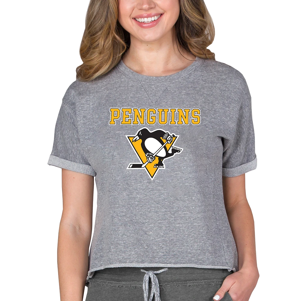 Women's Concepts Sport Heather Gray Pittsburgh Penguins Tri-Blend Mainstream Terry Short Sleeve Sweatshirt Top