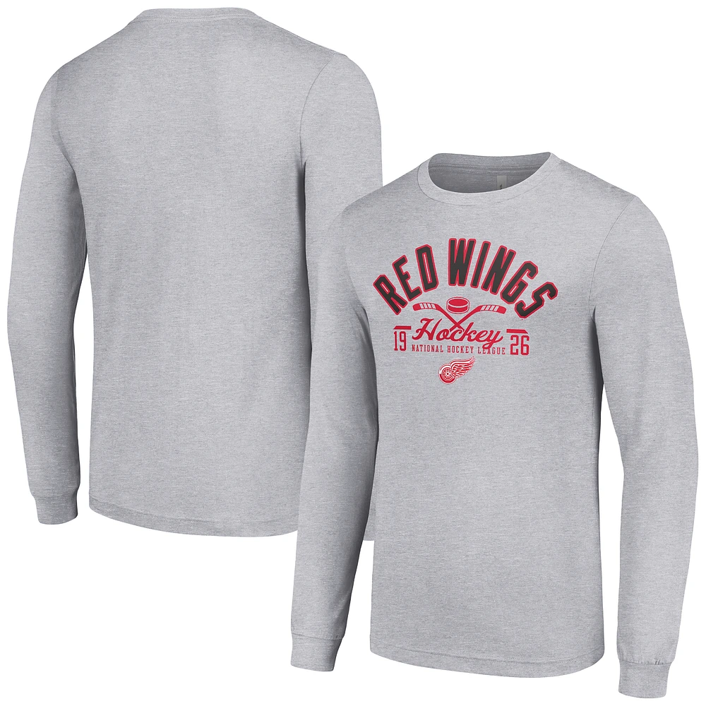 Men's Starter Heather Gray Detroit Red Wings Puck Long Sleeve T-Shirt