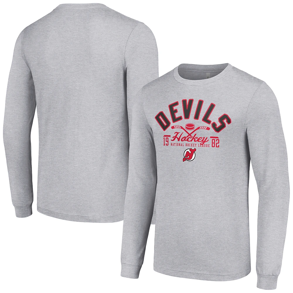 Men's Starter Heather Gray New Jersey Devils Puck Long Sleeve T-Shirt