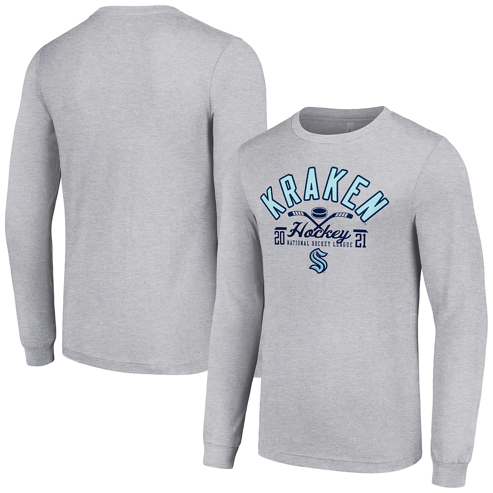 Men's Starter Heather Gray Seattle Kraken Puck Long Sleeve T-Shirt
