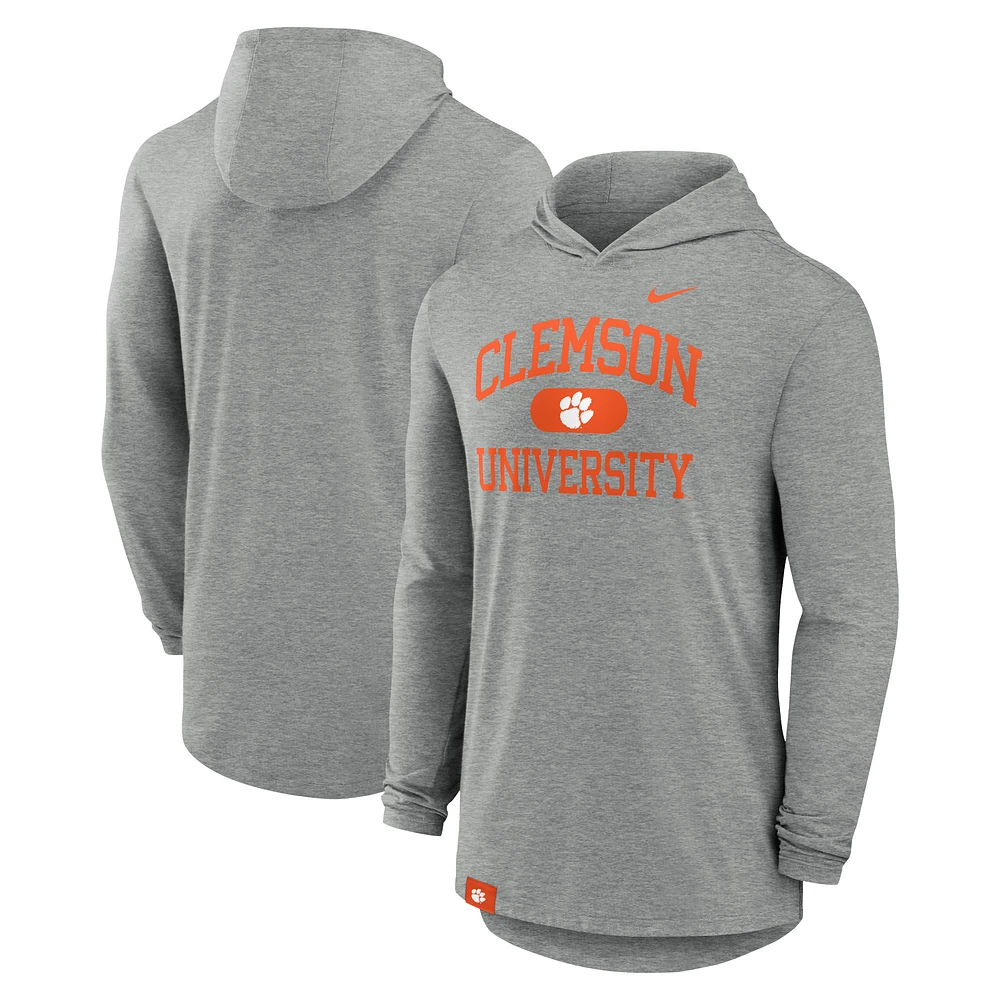 Men's Nike Heather Gray Clemson Tigers Blitz Tri-Blend Performance Long Sleeve Hoodie T-Shirt