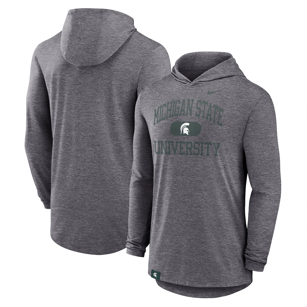 Men's Nike Heather Charcoal Michigan State Spartans Blitz Tri-Blend Performance Long Sleeve Hoodie T-Shirt