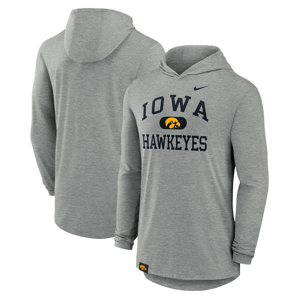 Men's Nike Heather Gray Iowa Hawkeyes Blitz Tri-Blend Performance Long Sleeve Hoodie T-Shirt