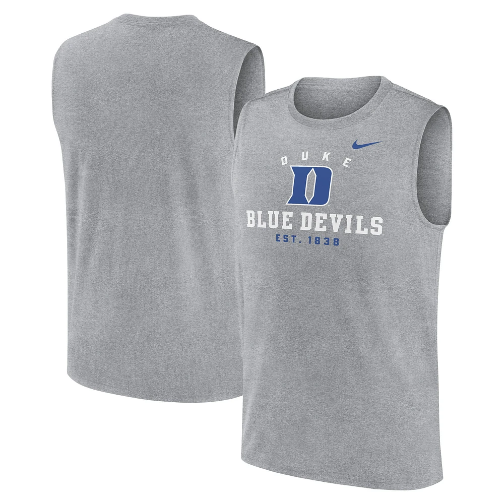 Men's Nike Heather Gray Duke Blue Devils Primetime Legend Mascot Lock Up Performance Muscle Tank Top