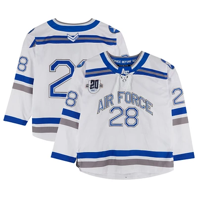 Air Force Falcons Team-Issued #28 White and Blue Jersey with Atlantic Hockey 20th Anniversary Patch from the Hockey Program