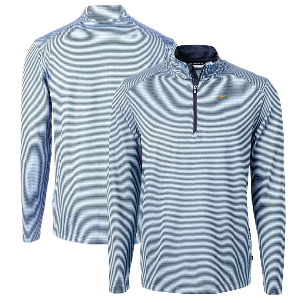 Men's Cutter & Buck Powder Blue/Navy Los Angeles Chargers Virtue Eco Pique Micro Stripe Recycled Quarter-Zip Pullover Top