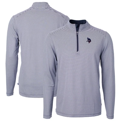 Men's Cutter & Buck Navy/White Minnesota Vikings Virtue Eco Pique Micro Stripe Recycled Quarter-Zip Pullover Top