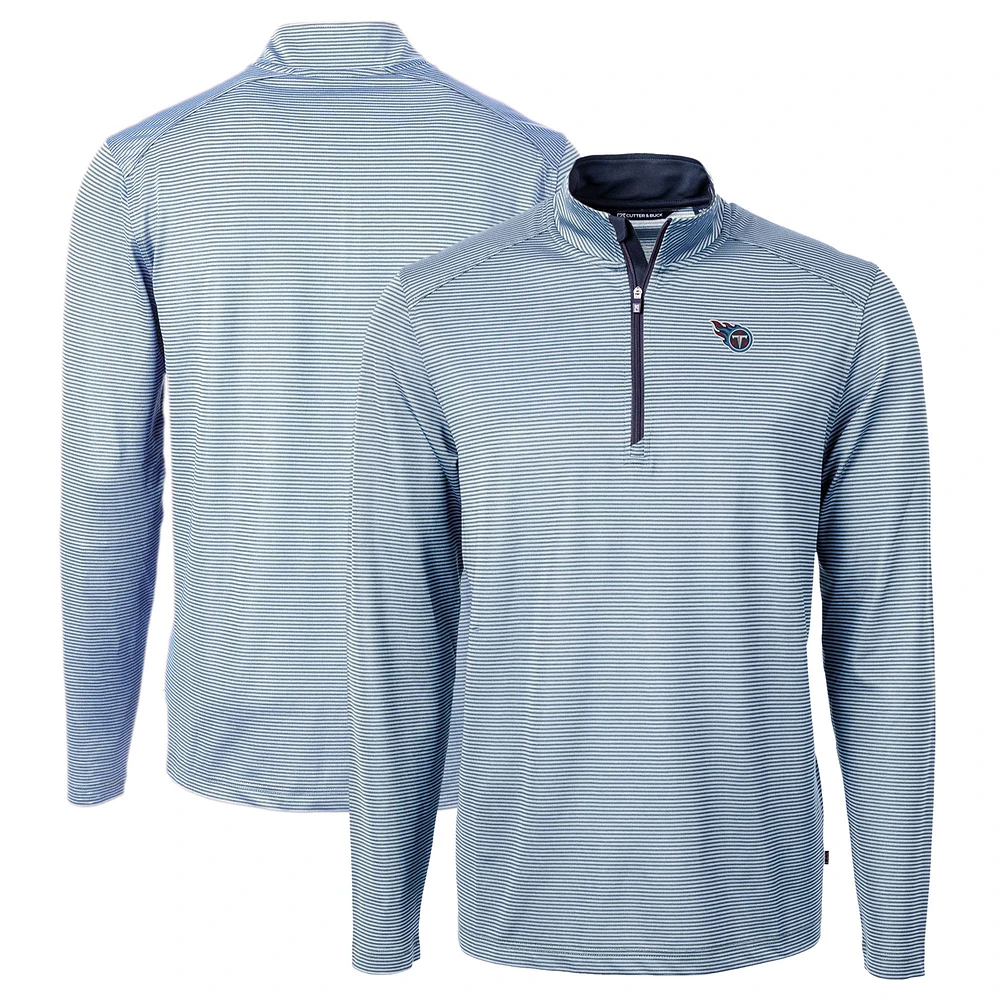 Men's Cutter & Buck Light Blue/Navy Tennessee Titans Virtue Eco Pique Micro Stripe Recycled Quarter-Zip Pullover Top