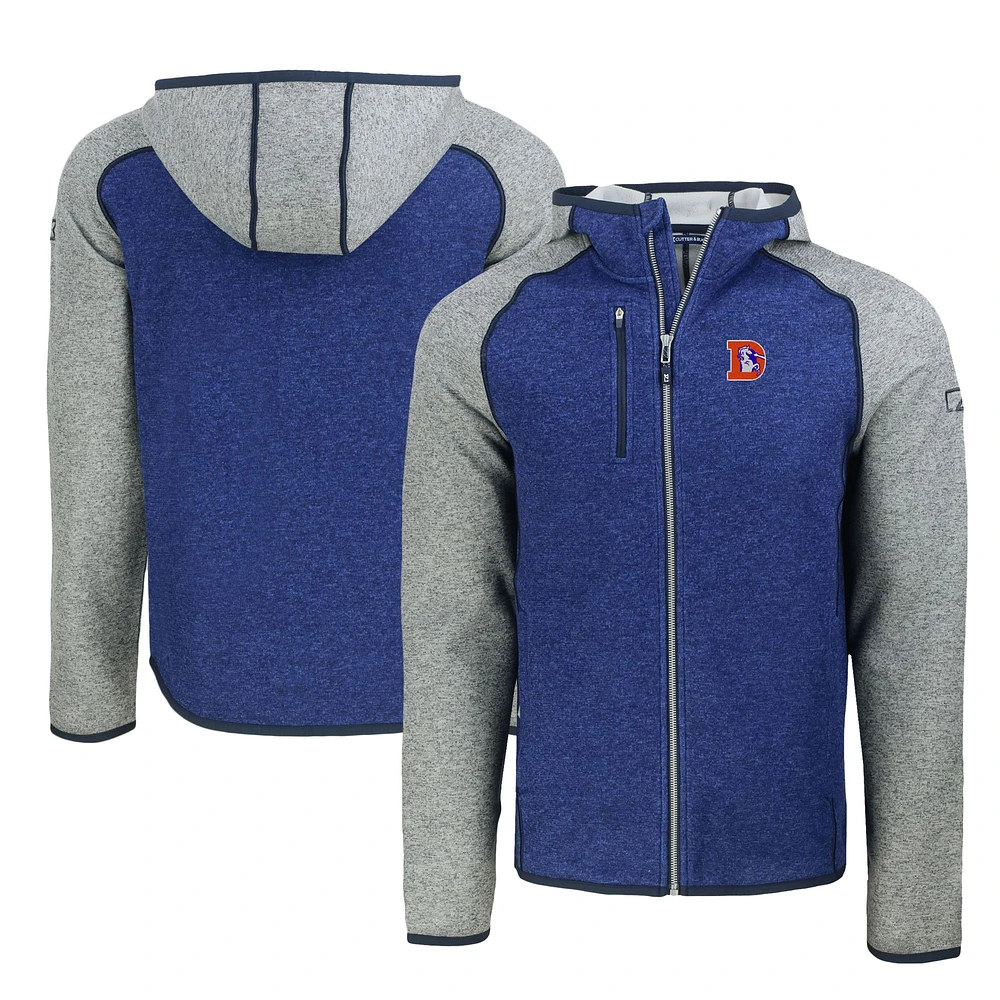 Men's Cutter & Buck Royal/Heather Gray Denver Broncos Throwback Mainsail Sweater-Knit Full-Zip Hoodie