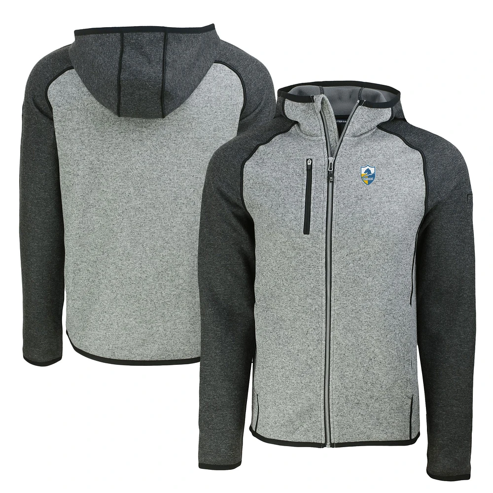 Men's Cutter & Buck Heather Gray/Heather Charcoal Los Angeles Chargers Throwback Mainsail Sweater-Knit Full-Zip Hoodie