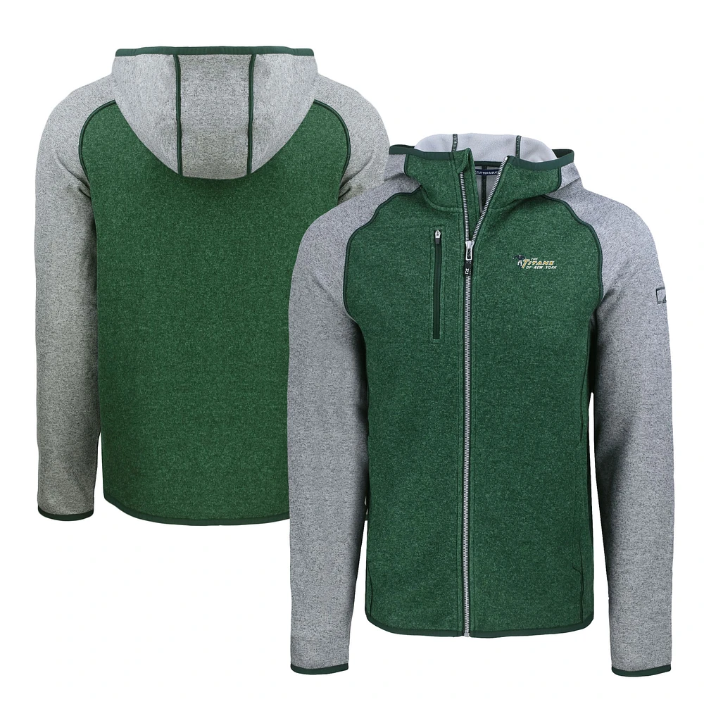 Men's Cutter & Buck Heather Green/Heather Gray New York Jets Throwback Mainsail Sweater-Knit Full-Zip Hoodie