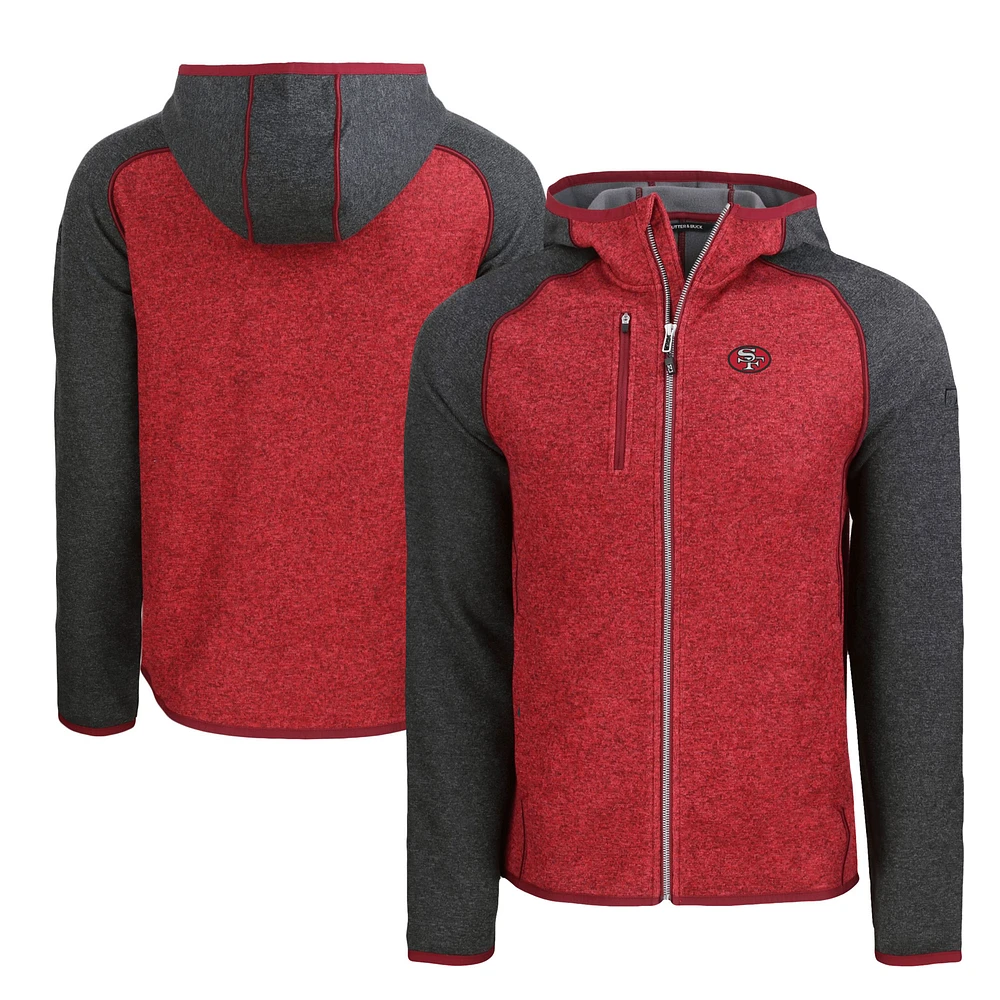 Men's Cutter & Buck Scarlet/Heather Charcoal San Francisco 49ers Throwback Mainsail Sweater-Knit Full-Zip Hoodie