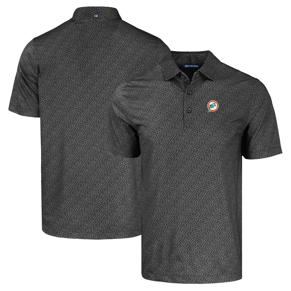 Men's Cutter & Buck Black Miami Dolphins Throwback Pike Eco Pebble Print Stretch Recycled Polo
