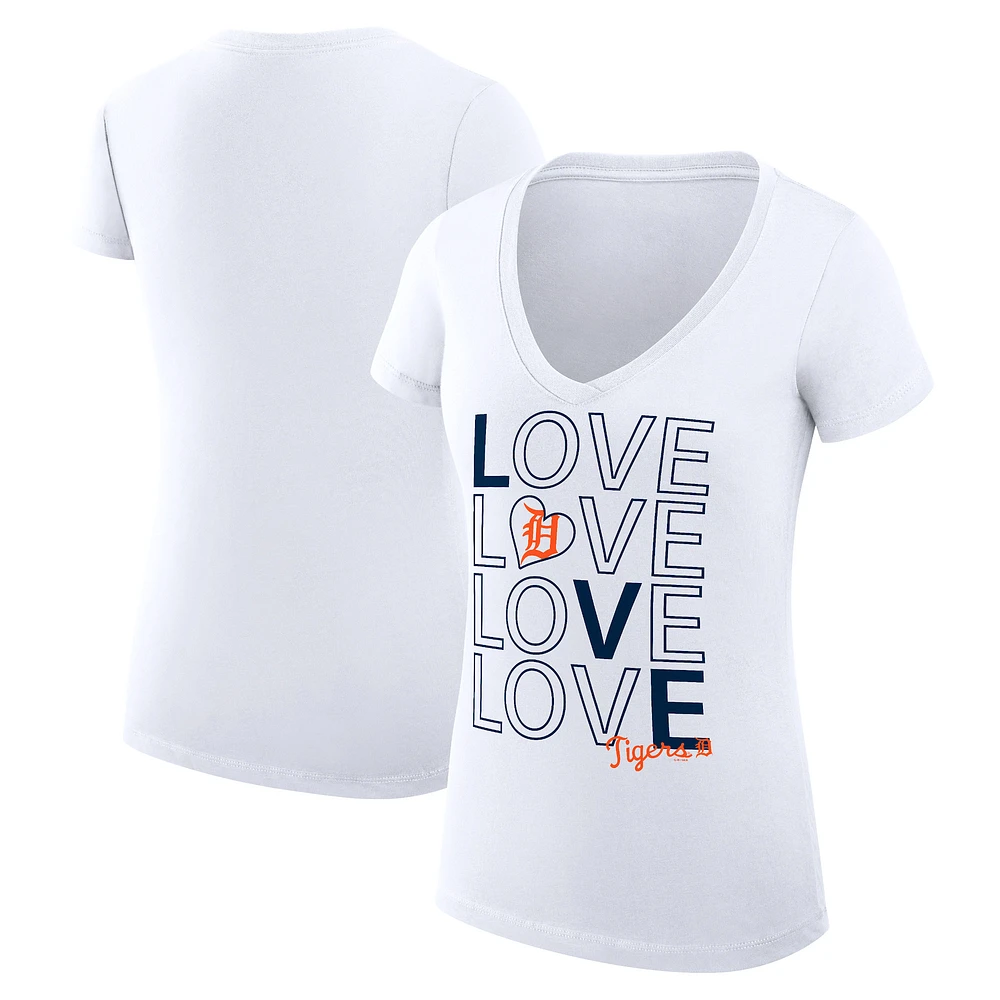 Women's G-III 4Her by Carl Banks White Detroit Tigers Super-Slim Fit Lightweight Love Graphic Team V-Neck T-Shirt