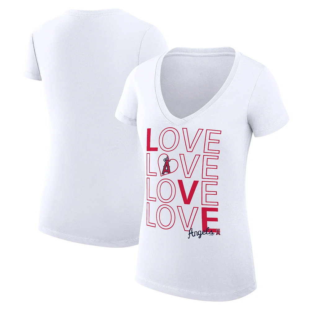 Women's G-III 4Her by Carl Banks White Los Angeles Angels Super-Slim Fit Lightweight Love Graphic Team V-Neck T-Shirt