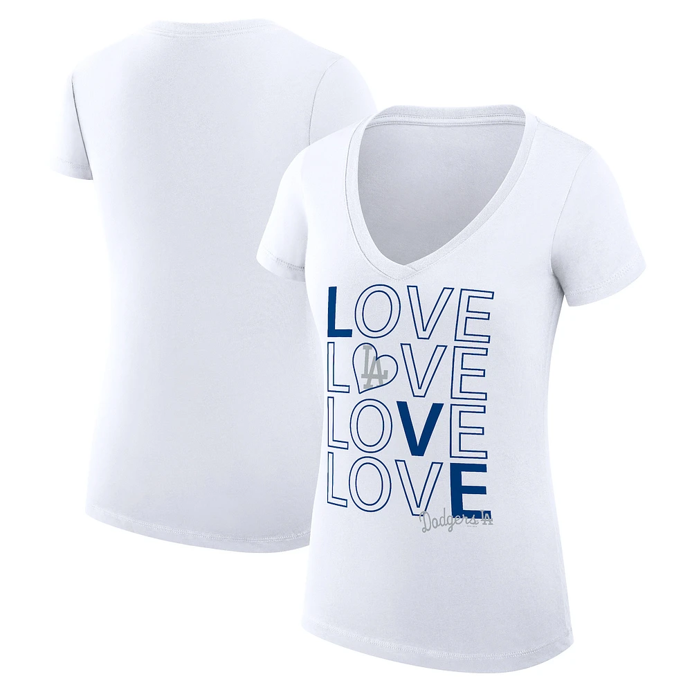 Women's G-III 4Her by Carl Banks White Los Angeles Dodgers Super-Slim Fit Lightweight Love Graphic Team V-Neck T-Shirt