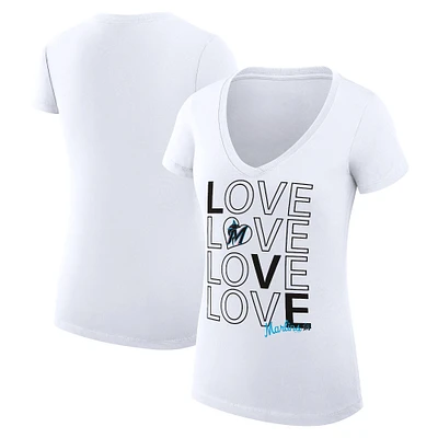 Women's G-III 4Her by Carl Banks White Miami Marlins Super-Slim Fit Lightweight Love Graphic Team V-Neck T-Shirt