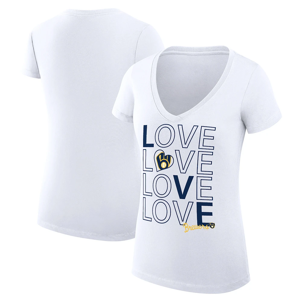 Women's G-III 4Her by Carl Banks White Milwaukee Brewers Super-Slim Fit Lightweight Love Graphic Team V-Neck T-Shirt