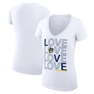 Women's G-III 4Her by Carl Banks White Milwaukee Brewers Super-Slim Fit Lightweight Love Graphic Team V-Neck T-Shirt