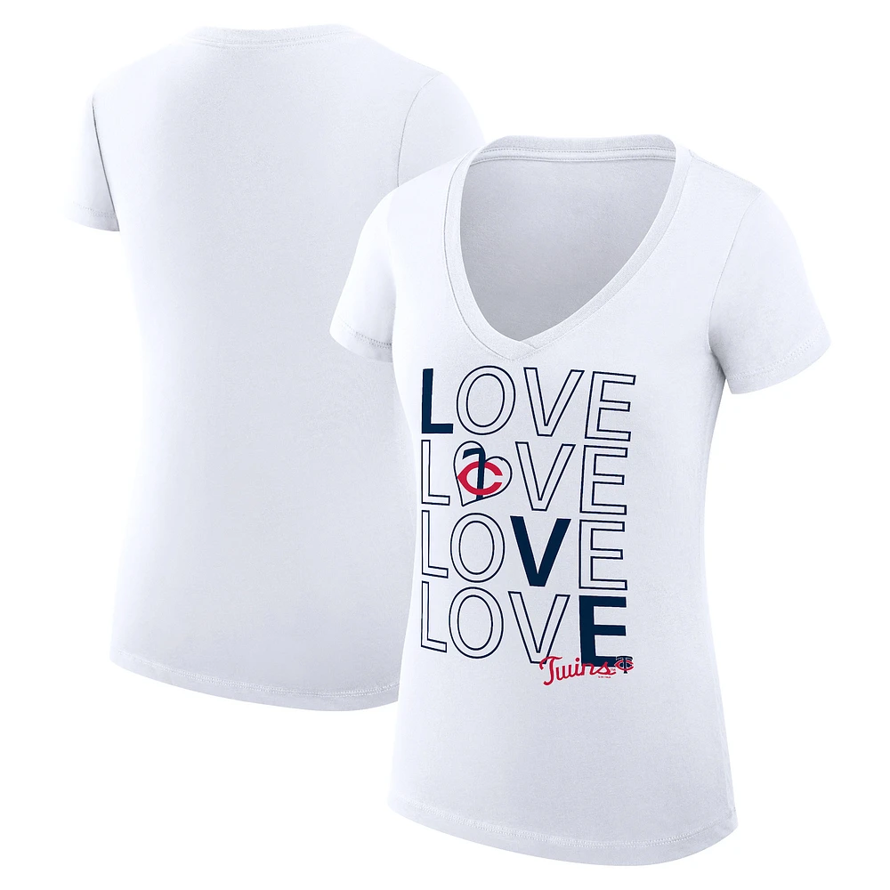 Women's G-III 4Her by Carl Banks White Minnesota Twins Super-Slim Fit Lightweight Love Graphic Team V-Neck T-Shirt