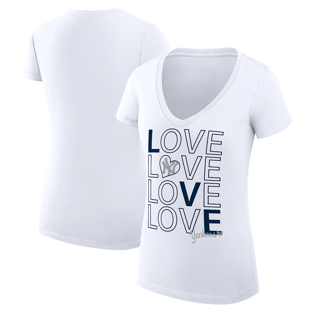 Women's G-III 4Her by Carl Banks White New York Yankees Super-Slim Fit Lightweight Love Graphic Team V-Neck T-Shirt