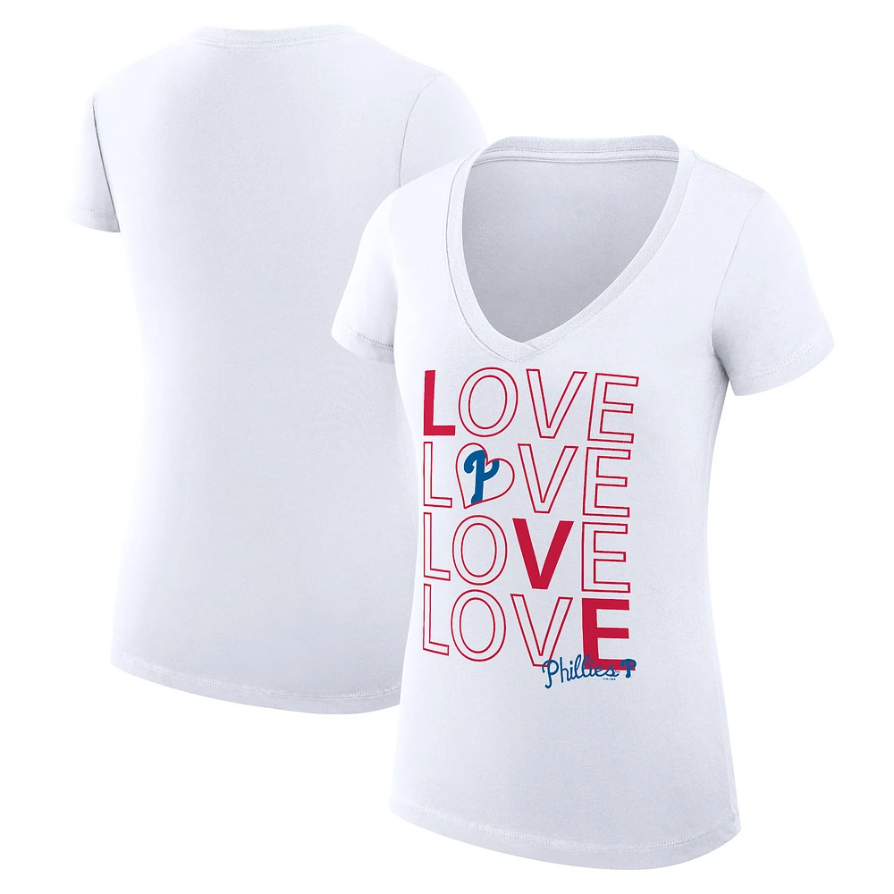 Women's G-III 4Her by Carl Banks White Philadelphia Phillies Super-Slim Fit Lightweight Love Graphic Team V-Neck T-Shirt