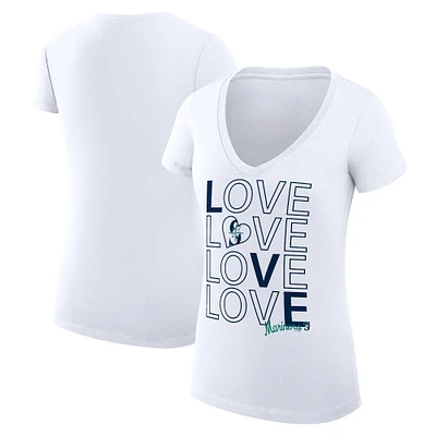 Women's G-III 4Her by Carl Banks White Seattle Mariners Super-Slim Fit Lightweight Love Graphic Team V-Neck T-Shirt