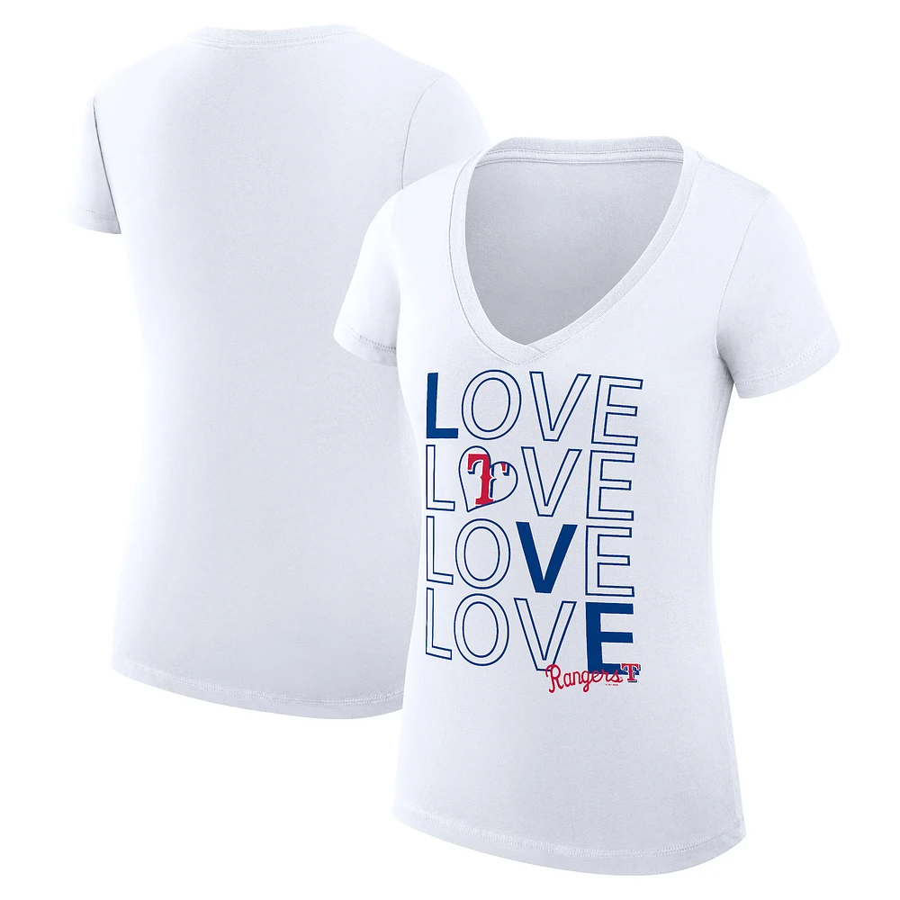 Women's G-III 4Her by Carl Banks White Texas Rangers Super-Slim Fit Lightweight Love Graphic Team V-Neck T-Shirt