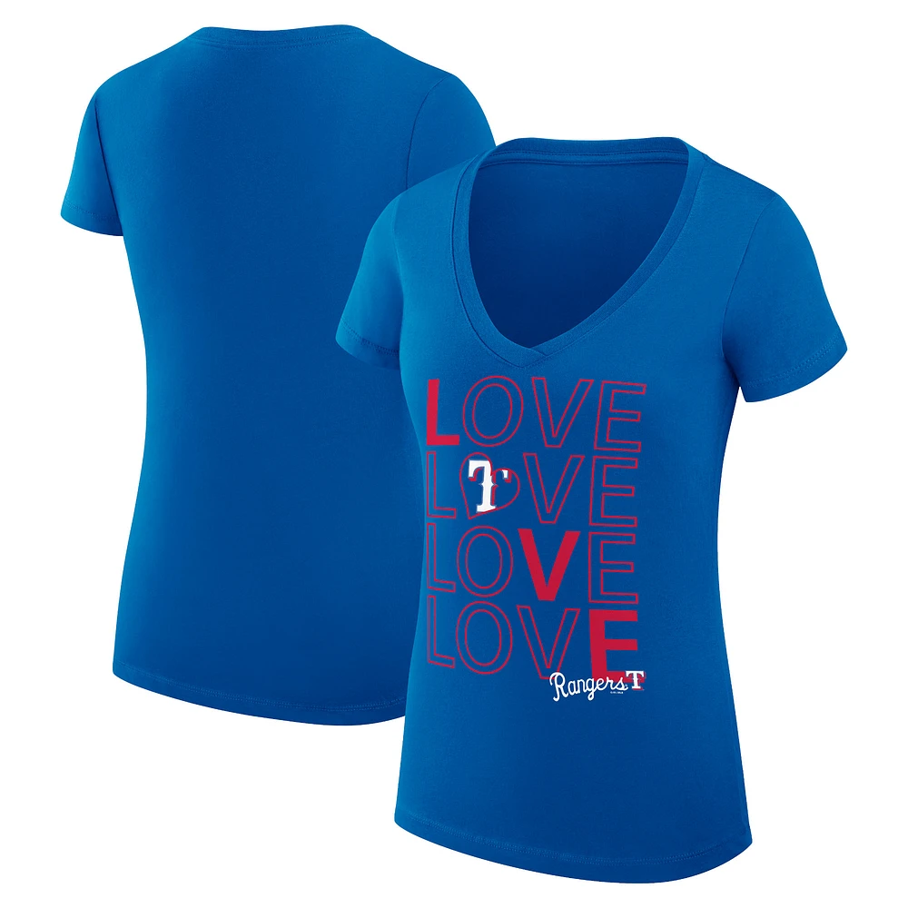 Women's G-III 4Her by Carl Banks Royal Texas Rangers Super-Slim Fit Lightweight Love Graphic Team V-Neck T-Shirt