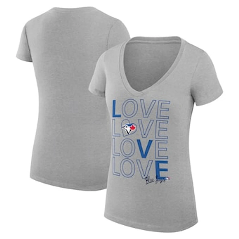 Women's G-III 4Her by Carl Banks Heather Gray Toronto Blue Jays Super-Slim Fit Lightweight Love Graphic Team V-Neck T-Shirt