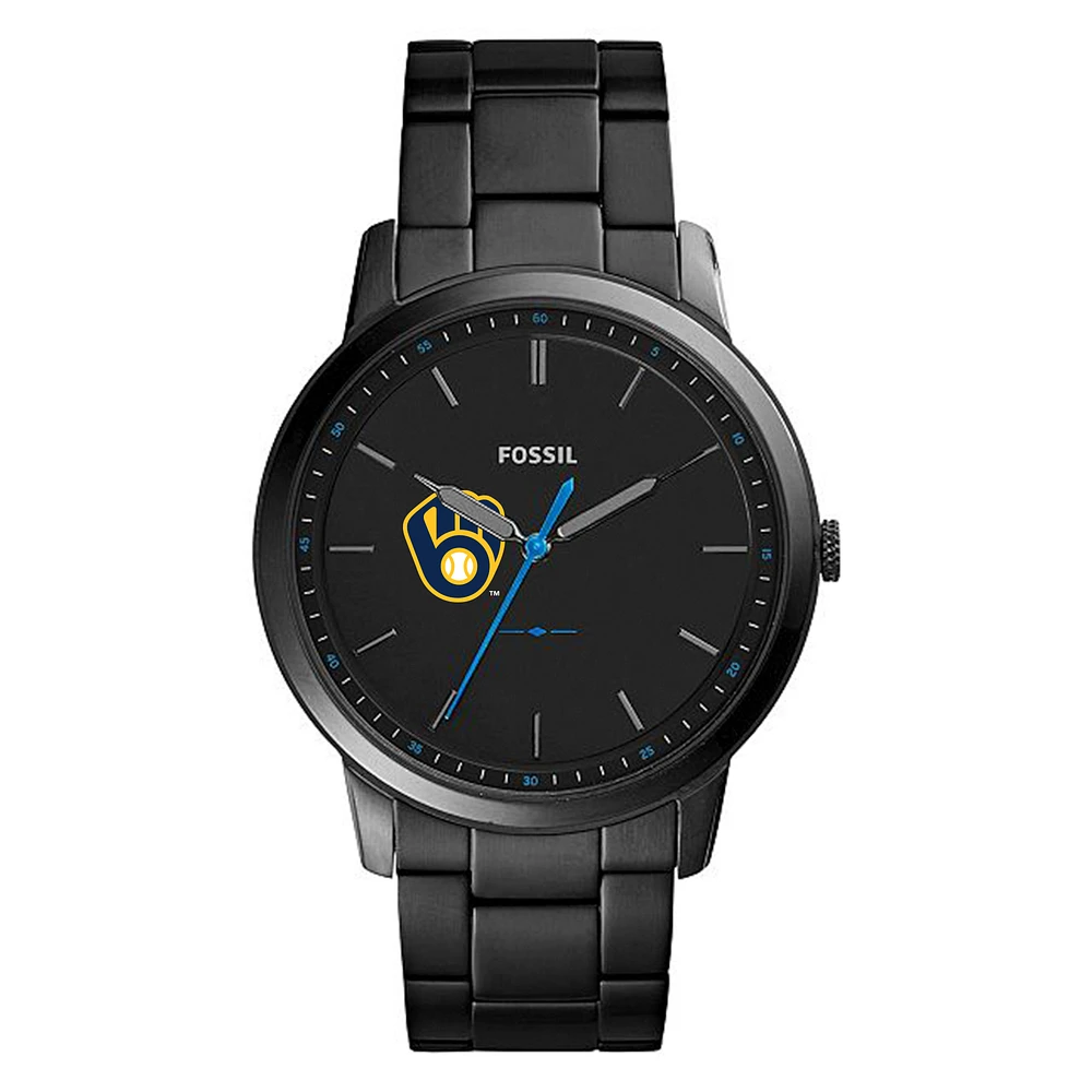 Men's Fossil Black Milwaukee Brewers Minimalist Stainless Steel Watch