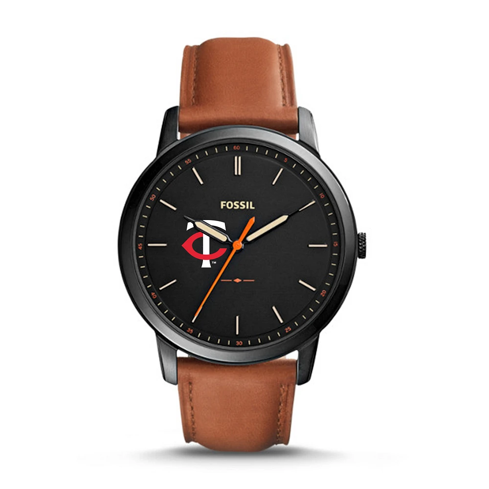 Men's Fossil Brown Minnesota Twins Minimalist Leather Watch