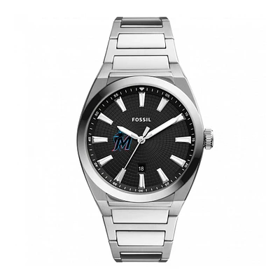 Men's Fossil Black Miami Marlins Everett Stainless Steel Watch