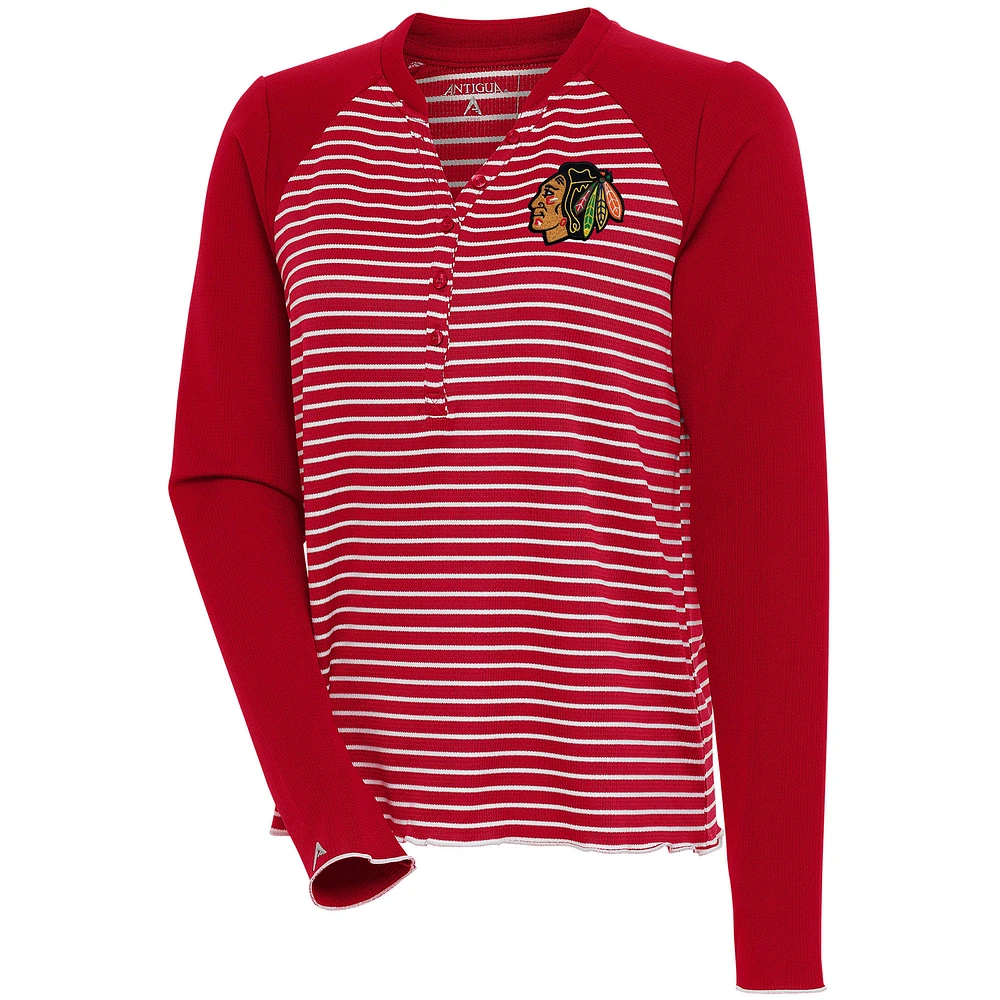 Women's Antigua Red Chicago Blackhawks Maverick Henley Long Sleeve T-Shirt