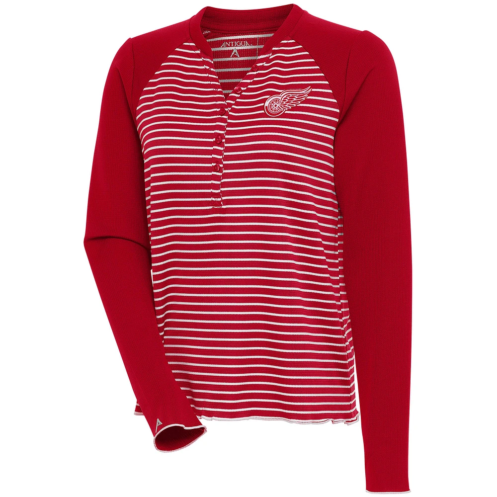 Women's Antigua Red Detroit Wings Maverick Henley Long Sleeve T-Shirt