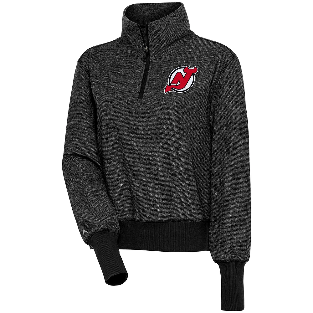 Women's Antigua Heather Black New Jersey Devils Upgrade Half-Zip Pullover Top